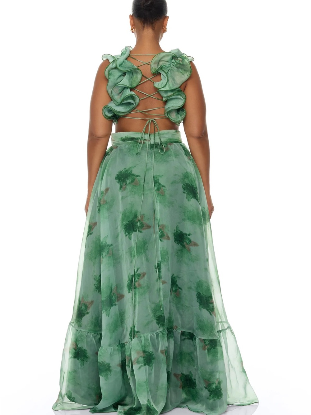 Fashion Nova Green Floral Ruffle Backless Maxi Dress - Picture 3 of 6